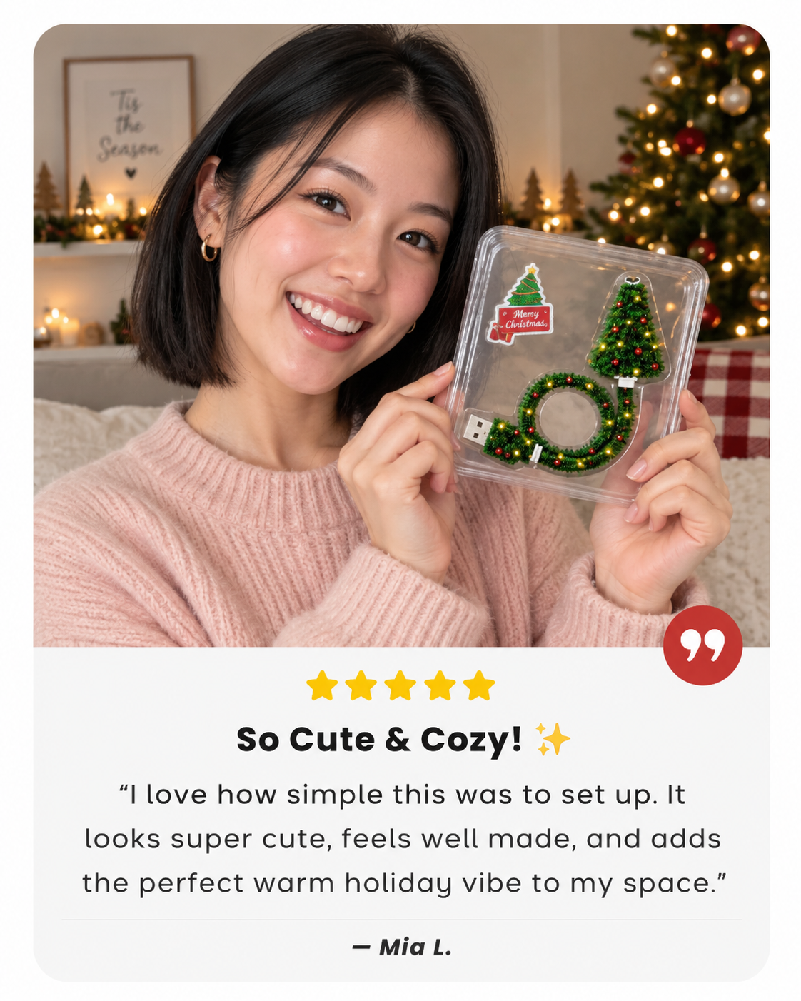 Festive Glow customer testimonial: Mia L. says the Christmas projector is cute, cozy and easy to set up.