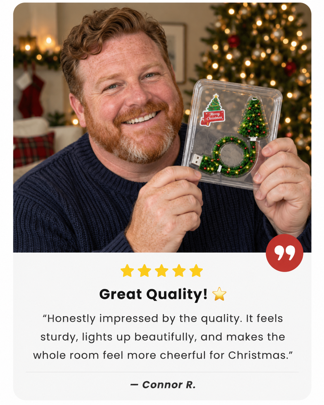 Festive Glow customer testimonial: Connor R. praises the Christmas projector quality and festive glow.
