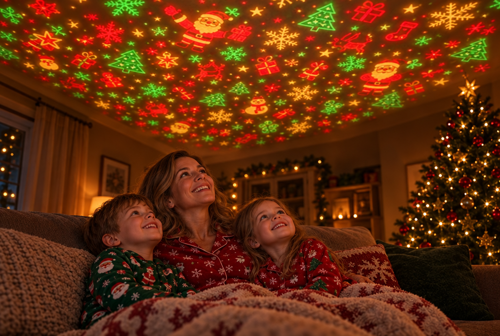 Family on a sofa looking up at Christmas light projections on the ceiling