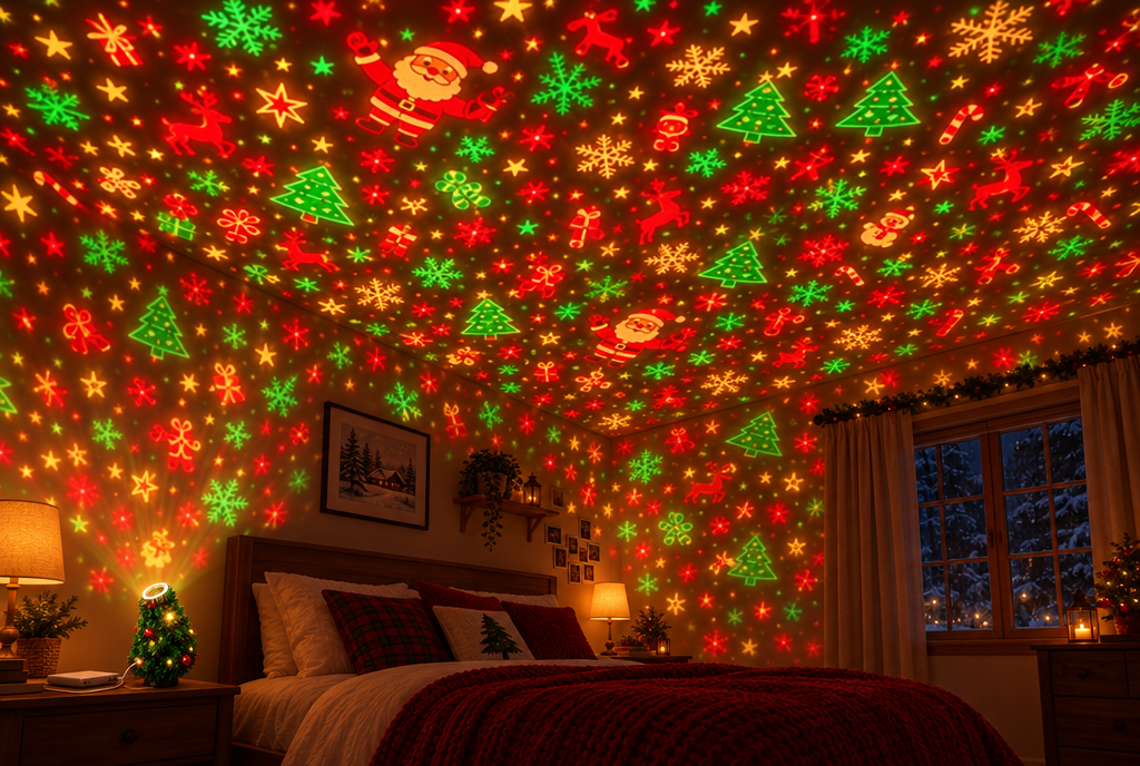 Bedroom ceiling covered in Christmas light projections from the Festive Glow projector